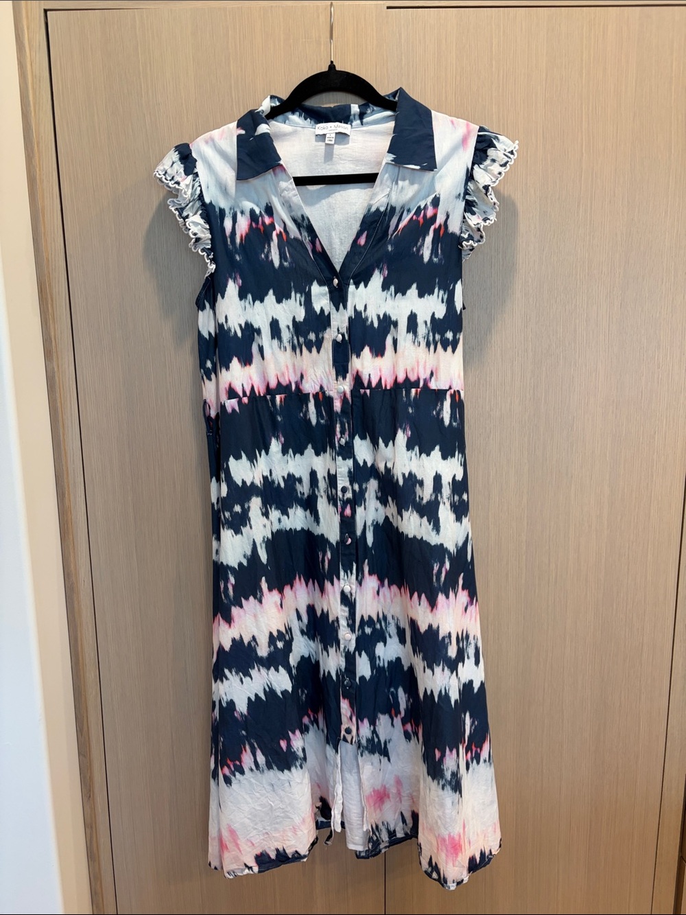Button-Front Tie-Dye Midi Dress in Navy, White & Pink